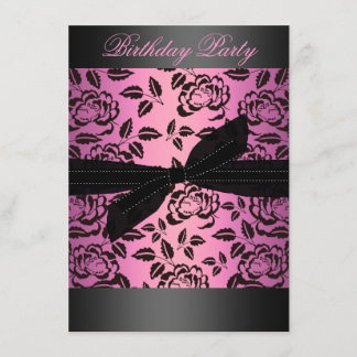 Schwarz/Heiß-Rosa Rose & Bow Geburtstagseinladung Einladung