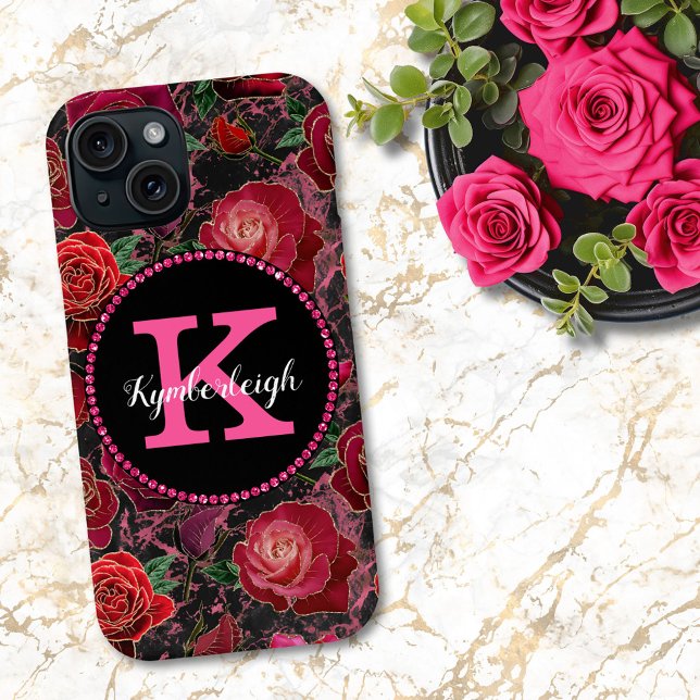 Schwarz Heiß rosa Rose Marmor Diamant Monogram Nam Case-Mate iPhone Hülle (Von Creator hochgeladen)