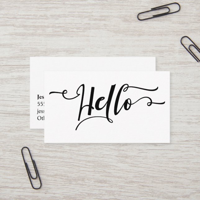 Schwarz-Hello-Script-Typografie über Editable Whit Visitenkarte (Vorderseite/Rückseite Beispiel)