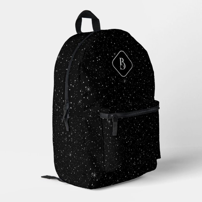 Schwarz-Hintergrund White Glitzern Monogram Bedruckter Rucksack (Rückseitige Ecke links)