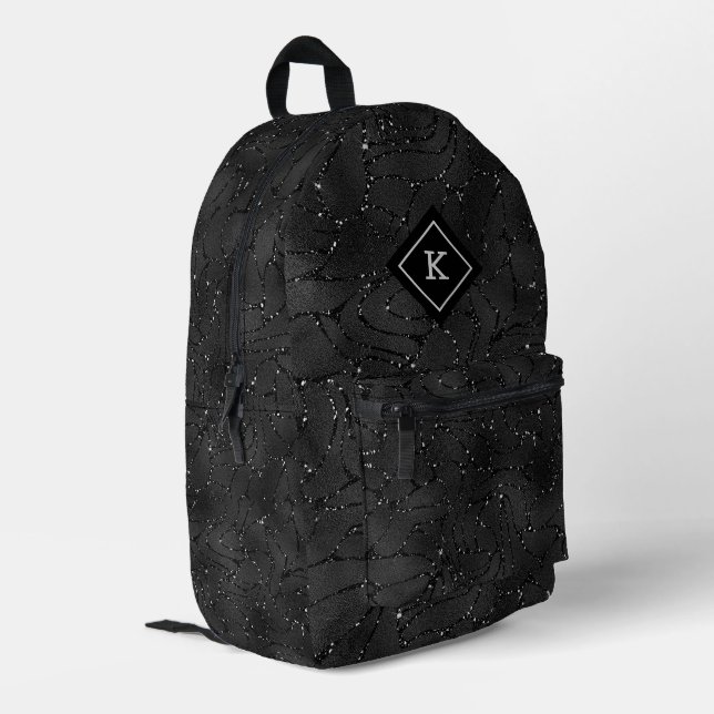 Schwarz-Hintergrund White Glitzern Monogram Bedruckter Rucksack (Rückseitige Ecke links)