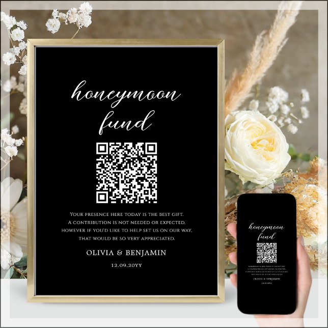 Schwarz | Honeymoon Fund QR Code Wedding Sign Poster (Von Creator hochgeladen)