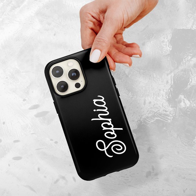 Schwarz | Ihr Name in Retro Script iPhone Hülle (A bold, statement making phone case on a dark black background, with your name in retro white script)