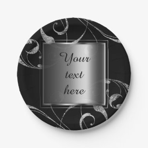Schwarz & Imitat Silberglasflorenschwirl Elegant Pappteller