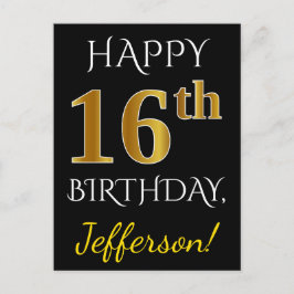 Schwarz, Imitate Gold 16. Geburtstag + Individuell Postkarte
