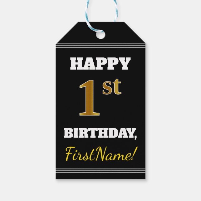 Schwarz, Imitate Gold 1. Geburtstag + Individuelle Geschenkanhänger (Vorderseite)