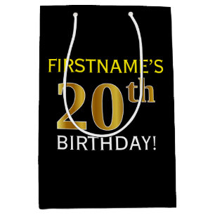 Schwarz, Imitate Gold 20. Geburtstag + Individuell Mittlere Geschenktüte