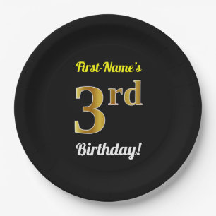 Schwarz, Imitate Gold 3. Geburtstag + Individuelle Pappteller