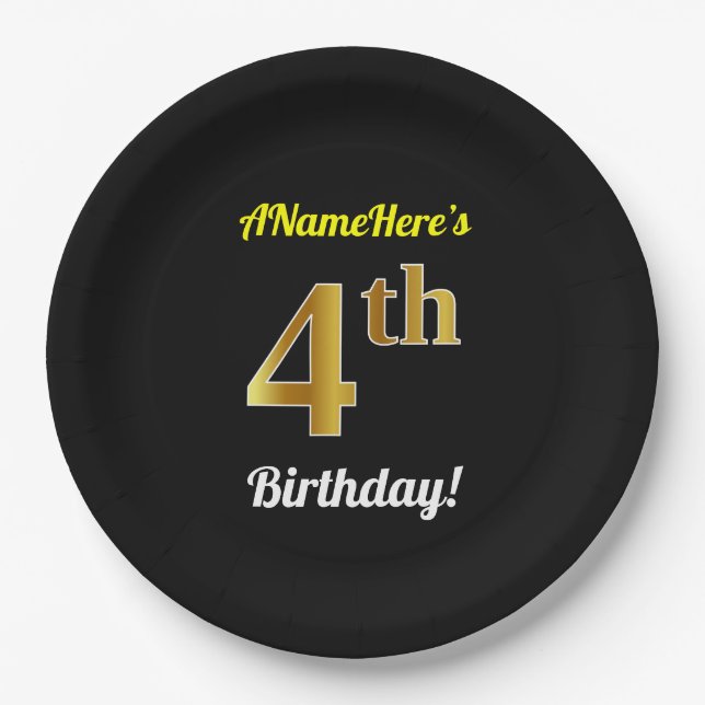 Schwarz, Imitate Gold 4. Geburtstag + Individuelle Pappteller (Vorderseite)