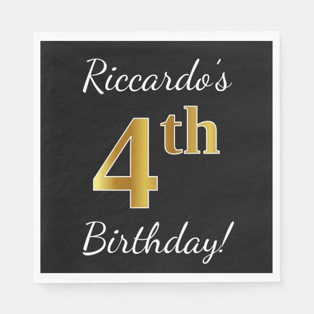 Schwarz, Imitate Gold 4. Geburtstag + Individuelle Serviette (Vorderseite)