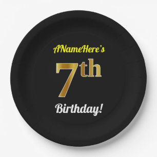 Schwarz, Imitate Gold 7. Geburtstag + Individuelle Pappteller