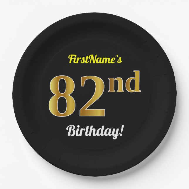 Schwarz, Imitate Gold 82. Geburtstag + Individuell Pappteller (Vorderseite)