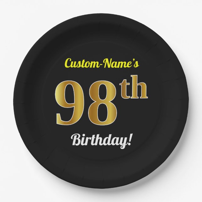 Schwarz, Imitate Gold 98. Geburtstag + Individuell Pappteller (Vorderseite)