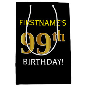 Schwarz, Imitate Gold 99. Geburtstag + Individuell Mittlere Geschenktüte