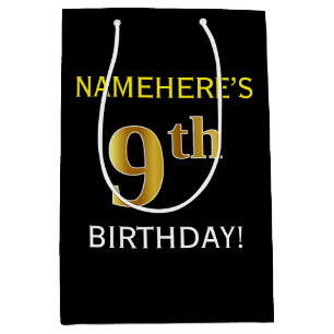 Schwarz, Imitate Gold 9. Geburtstag + Individuelle Mittlere Geschenktüte