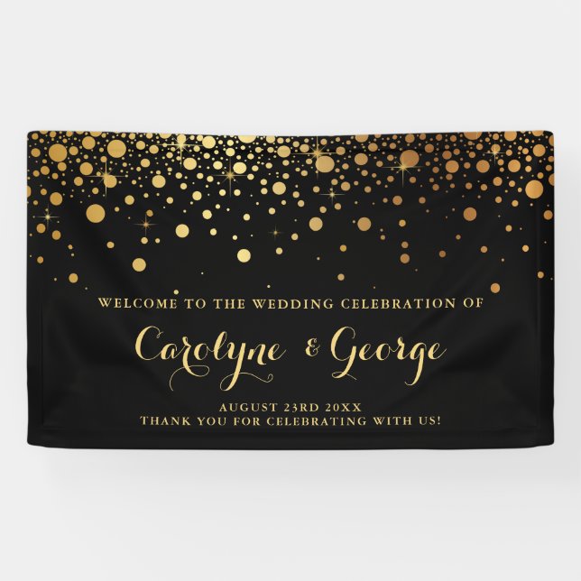 Schwarz | Imitate Gold Confetti Wedding Willkommen Banner (Horizontal)