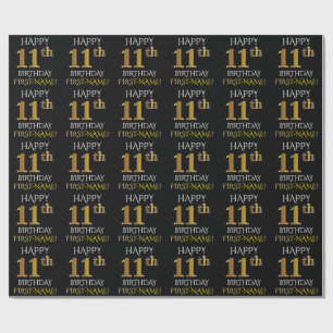 Schwarz, Imitate Gold "GLÜCKLICH 11. GEBURTSTAG" Geschenkpapier