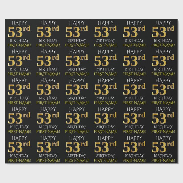 Schwarz, Imitate Gold "HAPPY 53. BIRTHDAY" Geschenkpapier (Flach)