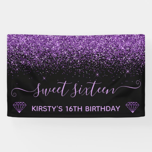 Schwarz & Imitate Lila Glitzer Sweet 16 Banner (Horizontal)