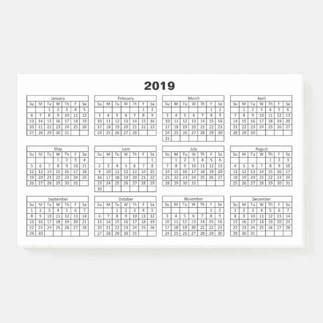 Schwarz-Kalender 2019 auf Weiß Post-it Klebezettel (Vorderseite)