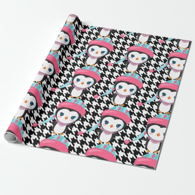 Schwarz-Kariert-Pink-Pinguin-Umschlagpapier Geschenkpapier (Ungerollt)
