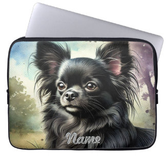 Schwarz Langhaar Chihuahua in Aquarell Laptopschutzhülle