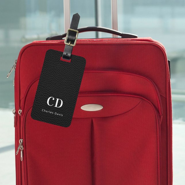Schwarz-Leder-weiße Monogramm-Bezeichnung Gepäckanhänger (Von Creator hochgeladen)