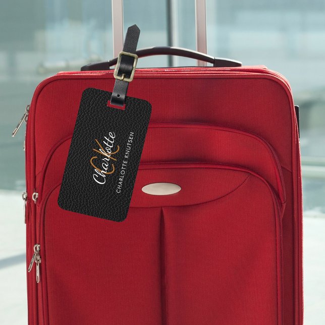 Schwarz-Leder-weiße Monogramm-Bezeichnung Gepäckanhänger (Von Creator hochgeladen)