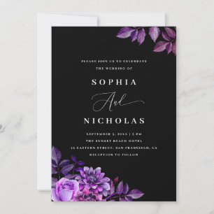 Schwarz-lila Blumen Elegante gotische Hochzeit Einladung