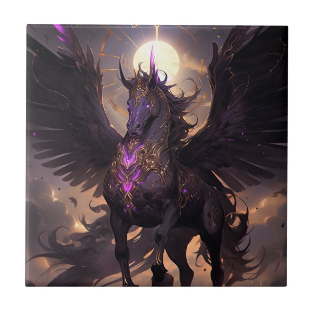 Schwarz Lila Einhorn Fantasy Kunst, Dichtung und M Fliese (Vorderseite)