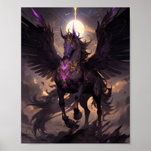 Schwarz Lila Einhorn Fantasy Kunst, Dichtung und M Poster