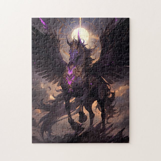 Schwarz Lila Einhorn Fantasy Kunst, Dichtung und M Puzzle (Vertikal)