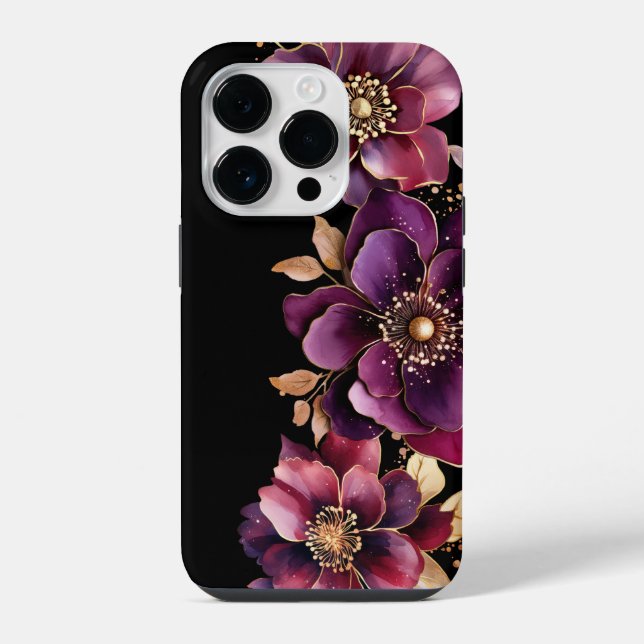 Schwarz Lila Gold Blumenmuster iPhone Hülle (Rückseite)