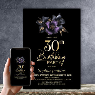 Schwarz Lila Gray Floral 30. Geburtstag Party Einladung