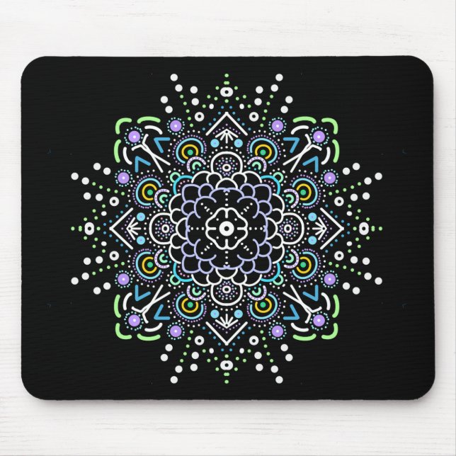 Schwarz, Lila, Grün und Blau Mandala Mousepad (Vorne)