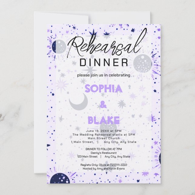 Schwarz-Lila Hochzeitessen Probe Dinner Einladung (Vorderseite)