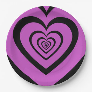 Schwarz-Lila-Hypnotic-Herz-Liebe-Muster Pappteller