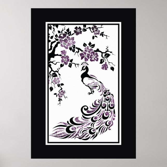 Schwarz, lila Pfau und hübsche Blüten Poster (Vorne)