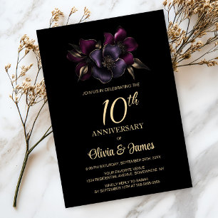 Schwarz Lila Pink Floral 10 Jahre Jubiläum Einladung