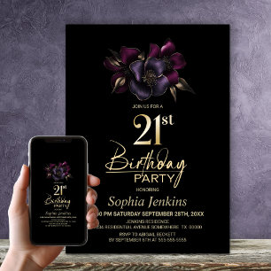 Schwarz Lila Pink Floral 21. Geburtstag Party Einladung