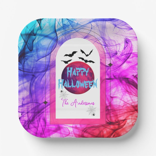 Schwarz Lila Pink Spider Web Bats Glückliches Hall Pappteller (Vorderseite)
