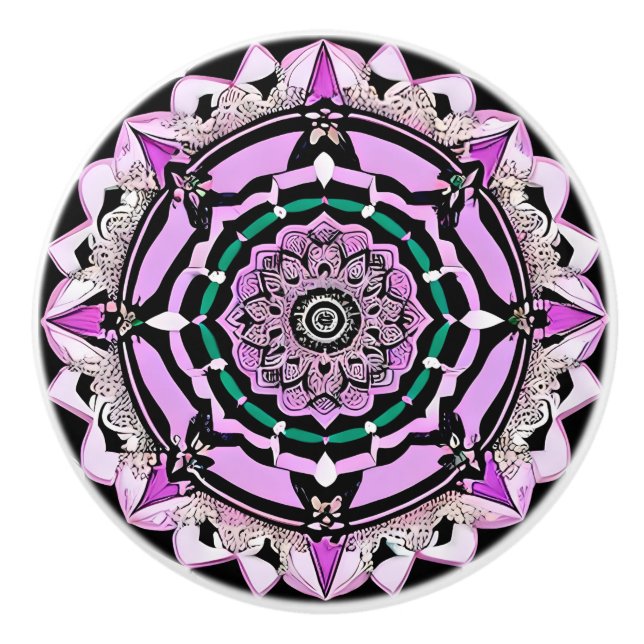 Schwarz, Lila, rosa und Aquamarine Mandala Keramik Keramikknauf (Vorderseite)