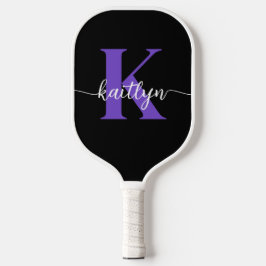 Schwarz-Lila-Script-Monogramm Pickleball Schläger