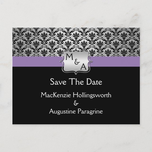 Schwarz-Lila-Silber-Monogramm-Damast Save the Date Ankündigungspostkarte (Vorderseite)