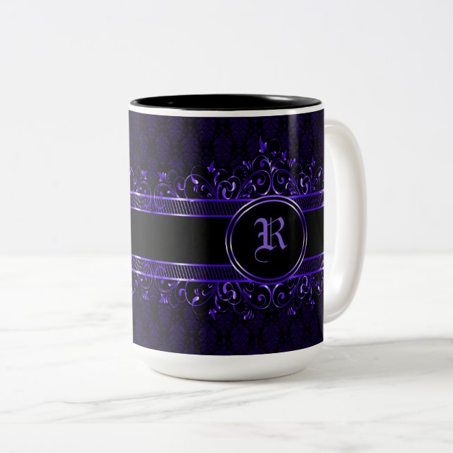 Schwarz & Lila Verziert Gothic Mit Monogramm Zweifarbige Tasse (VorderseiteRechts)