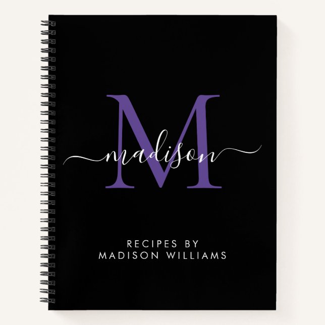 Schwarz Lila Violet Monogram Script Name Rezept Notizbuch (Vorderseite)