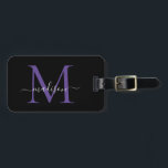 Schwarz Lila Violet Monogram Script Name Stilvoll Gepäckanhänger<br><div class="desc">Elegant Modernes,  stilvolles Black Lila Violet Monogram Script Name Stilvolle Bag Tag</div>