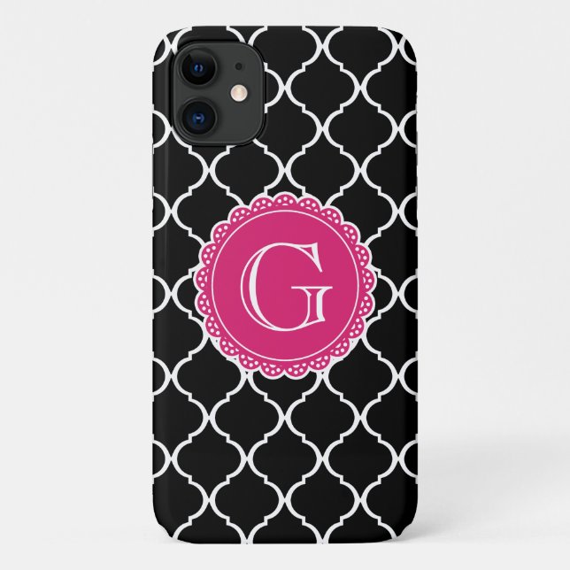 Schwarz-Marokkanisches Gittermuster Hot-Pink-Monog Case-Mate iPhone Hülle (Rückseite)