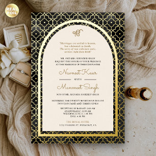 Schwarz Marokkanisches Muster Sikh Arch Wedding Go Folieneinladung