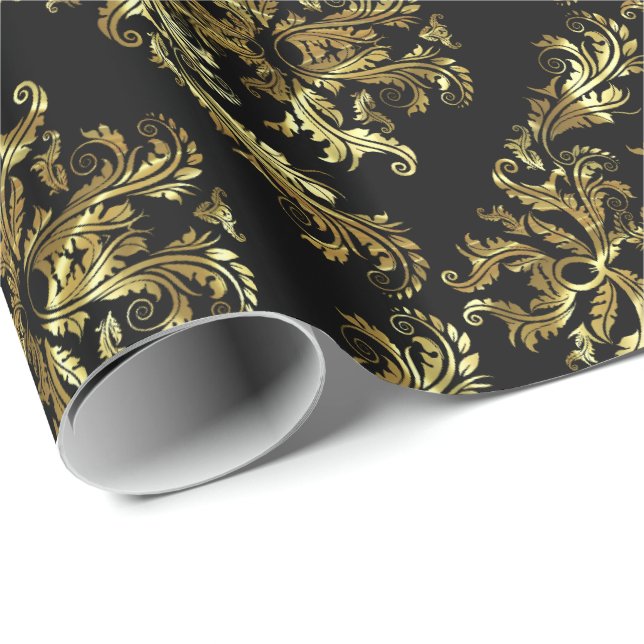 Schwarz-Metall-Gold-Floral-Damaskus 2 Muster Geschenkpapier (Rolleneckpunkt)